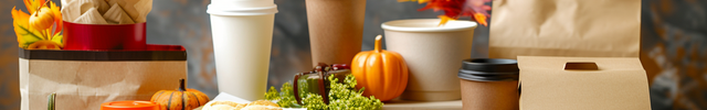 Tabletop display with coffee cups, pastries, and autumn-themed decor on a wooden surface.