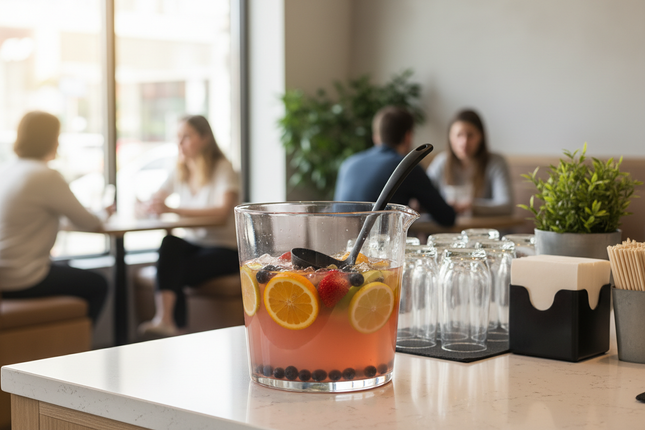 1.25 oz Black Plastic Ladle in punch bowl cafe setting