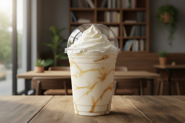 10 oz Dome Lid PET No Hole on pet cup with milk shake and whip cream in a cafe setting