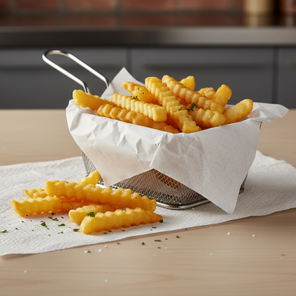 15" x 10.75" Deli Paper onder a baskey of fries