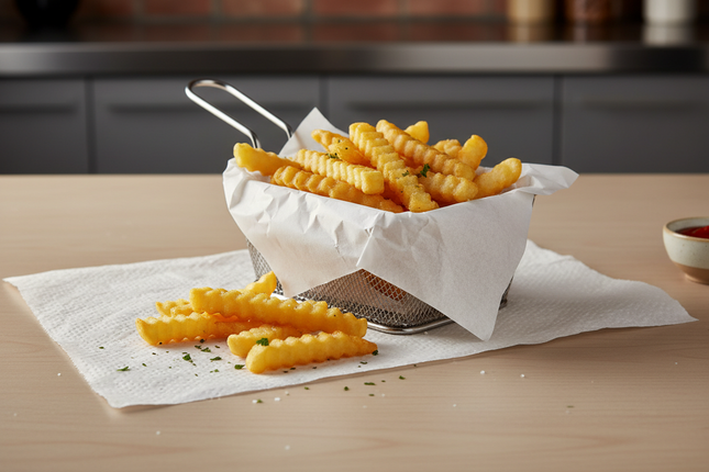 15" x 10.75" Deli Paper onder a baskey of fries