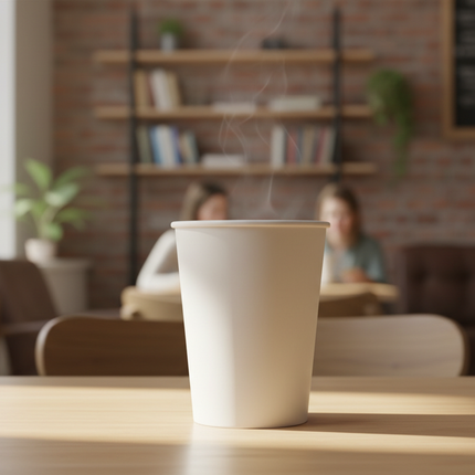 16 oz White Paper Hot Cup single wall in cafe setting