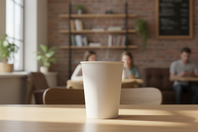 16 oz White Paper Hot Cup single wall in cafe setting