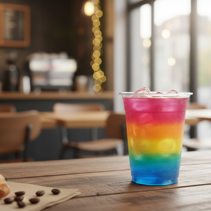 24 oz pet cup filled with multiple colors in cafe setting