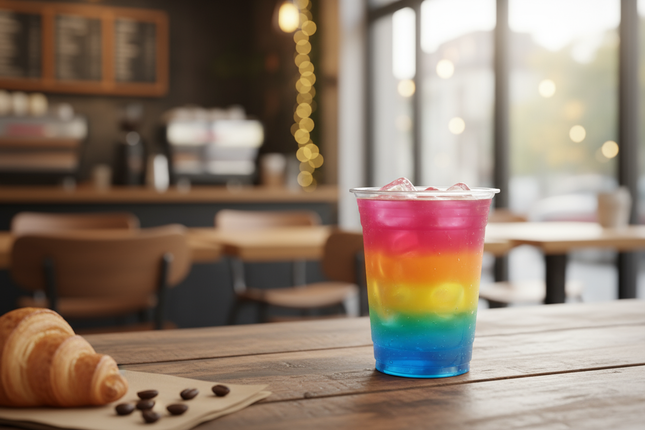 24 oz pet cup filled with multiple colors in cafe setting