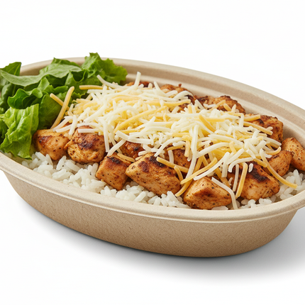 32 oz Compostable Fiber Burrito Bowl oval bowl filled with rice chicken cheese and lettuce