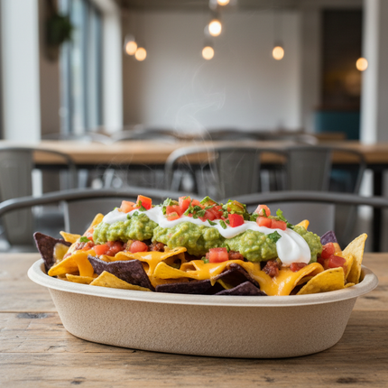 32 oz Compostable Fiber Burrito Bowl oval filled with nachos in cafe setting