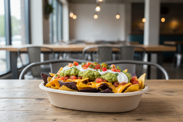 32 oz Compostable Fiber Burrito Bowl oval filled with nachos in cafe setting