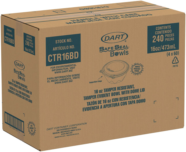 Dart SafeSeal PET Bowl w/ Dome Lid Clear 16 oz. Tamper-Resistant 4 / 60 cs