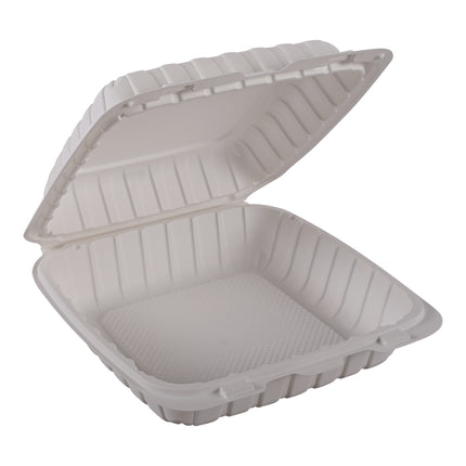 9" x 9" Mineral Filled PP Hinged MFPP Container, 1 compartment, White (vented) 150/cs