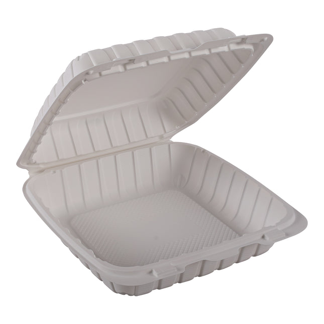 9" x 9" Mineral Filled PP Hinged MFPP Container, 1 compartment, White (vented) 150/cs