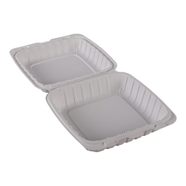 9" x 9" Mineral Filled PP Hinged MFPP Container, 1 compartment, White (vented) 150/cs