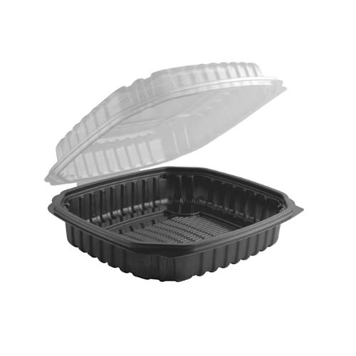 9x9 Hinged 1 Comp Cont Black base, clear Lid Microwavable-  (150/case)