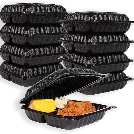Snap Box 9" x 9" Mineral Filled PP Hinged MFPP Container, 3 compartment, Black (vented) 150/cs
