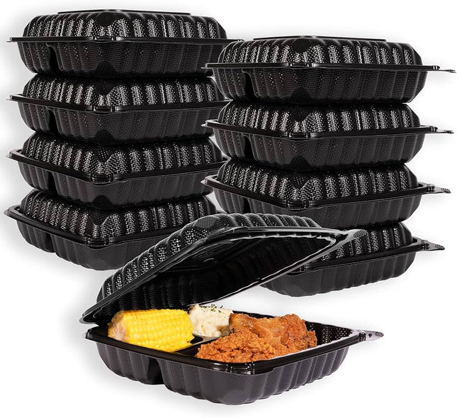 Snap Box 9" x 9" Mineral Filled PP Hinged MFPP Container, 3 compartment, Black (vented) 150/cs