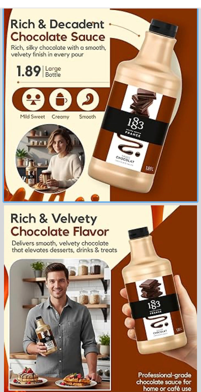 1883 Chocolate Sauce – Large 1.89L Bottle – Authentic French Dessert Sauce – Rich, Smooth Chocolate Flavor – Ideal for Cafes, Desserts, & Beverages