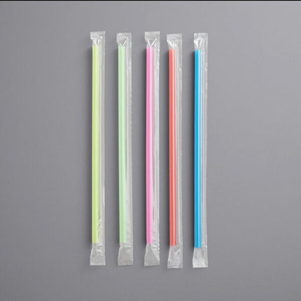 Boba Straws Neon Mixed 9” Wrapped Individual Colors - 1,600 Per Case