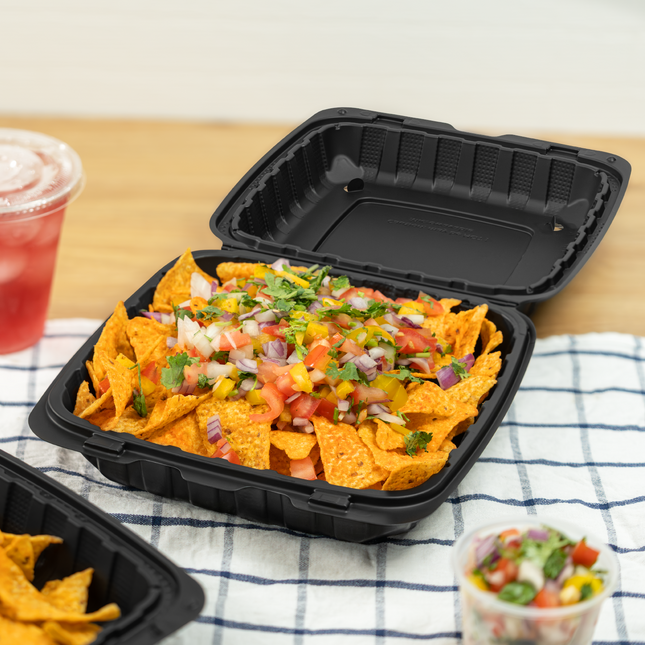 9" x 9" Mineral Filled PP Hinged Container, 1 compartment, Black (vented) 120/cs