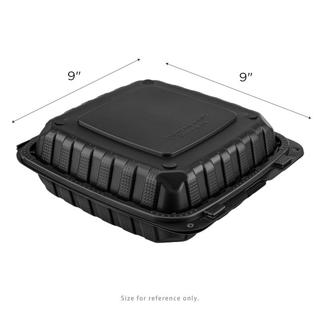 Snap Box 9" x 9" Mineral Filled PP Hinged MFPP Container, 1 compartment, Black (vented) 150/cs