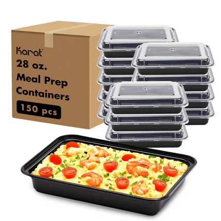 Karat 28 oz PP Plastic Microwavable Rectangular Food Containers & Lids, Black