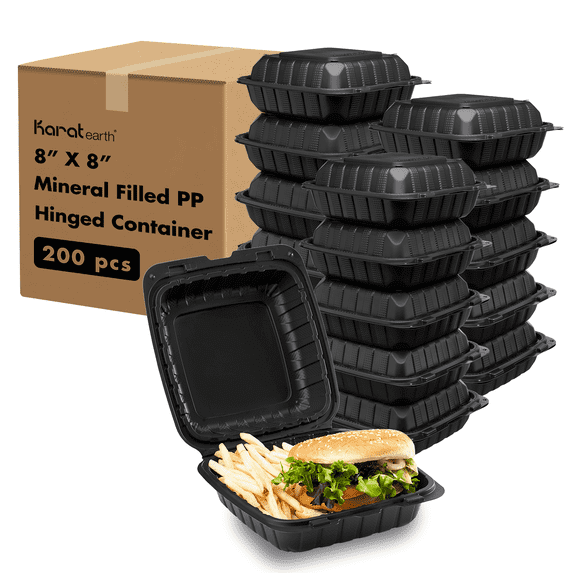 Karat  8" x 8" Mineral Filled PP Hinged Container, 1 compartment, Black (vented) 200/cs