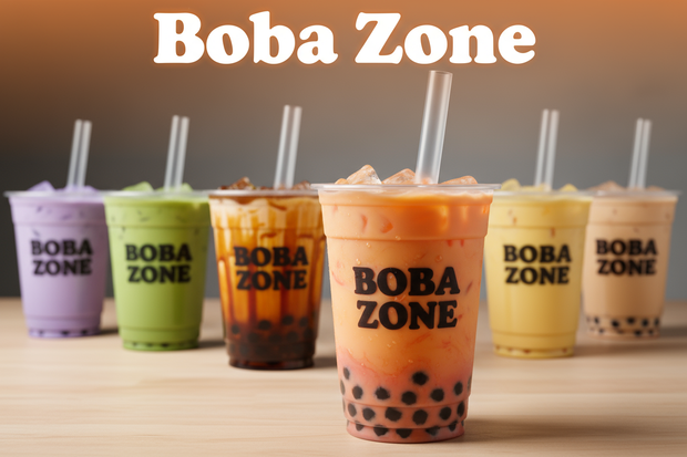 boba teazone brand cup of boba and the product in many flavors in background and boba header as Boba Zone