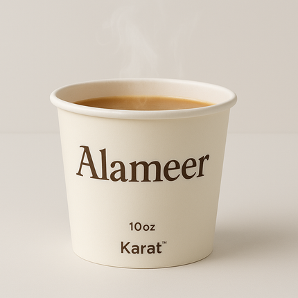 Designed specifically for Alameer's food service operations requiring branded soup service, this 10 oz custom soup cup features professional logo printing and provides excellent insulation for hot liquid-based dishes. Built with Karat's trusted quality standards, these custom cups deliver superior temperature retention and brand recognition for soup service applications.