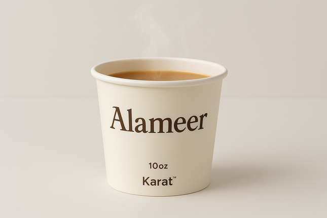 Designed specifically for Alameer's food service operations requiring branded soup service, this 10 oz custom soup cup features professional logo printing and provides excellent insulation for hot liquid-based dishes. Built with Karat's trusted quality standards, these custom cups deliver superior temperature retention and brand recognition for soup service applications.