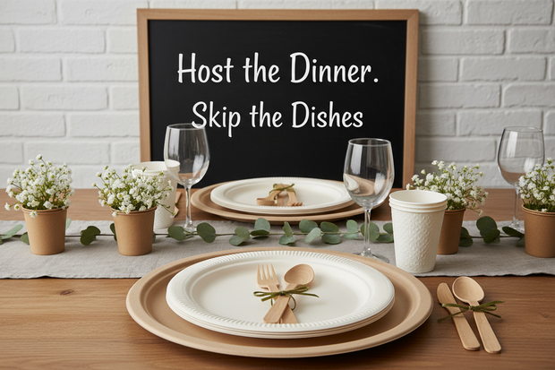 dinner table disposable cups plate and cutlery. Host the Dinner. Skip the Dishes tagline