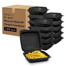 9" x 9" Mineral Filled PP Hinged Container, 1 compartment, Black (vented) 120/cs