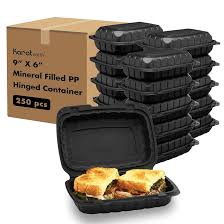9" x 6" Mineral Filled PP Hinged Container, 1 compartment, Black (vented) 250/cs