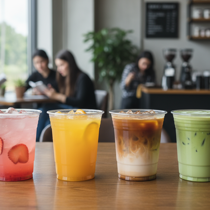 PET plastic cup filled with drinks of different colors in cafe setting
