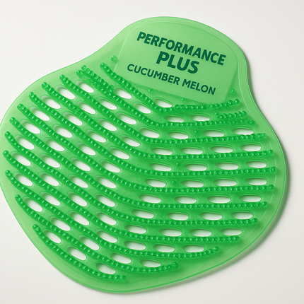 Professional cucumber melon scented urinal screen from Performance Plus, designed for commercial restroom maintenance and odor control. This high-performance urinal screen provides long-lasting fragrance and splash reduction, making it perfect for restaurants, offices, and facilities requiring superior restroom hygiene and customer satisfaction.