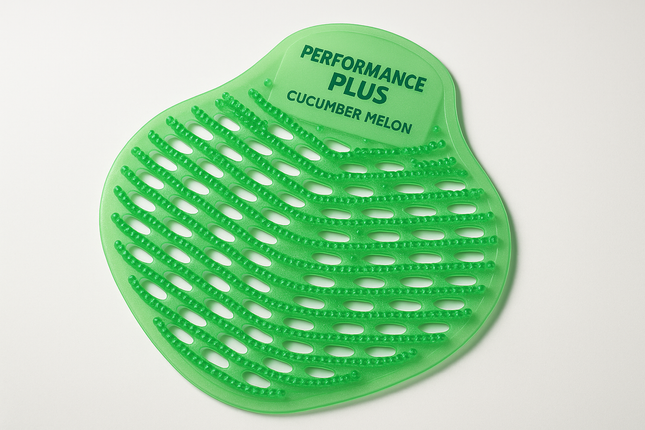 Professional cucumber melon scented urinal screen from Performance Plus, designed for commercial restroom maintenance and odor control. This high-performance urinal screen provides long-lasting fragrance and splash reduction, making it perfect for restaurants, offices, and facilities requiring superior restroom hygiene and customer satisfaction.